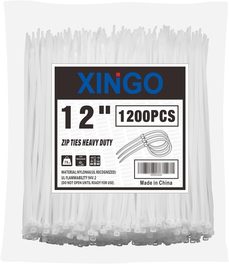 XINGO 12 Inch White Zip Ties 1200 PCS, 75 LBS Ultra Strong Tensile Strength, UV Resistant Cable Ties, Self-locking Plastic Ties for Indoor and Outdoor Use - Image 1